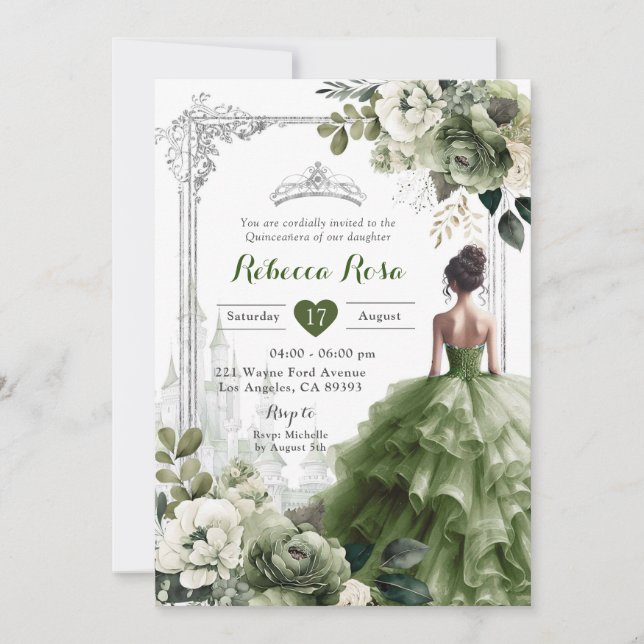 Königliche Burg Prinzessin Silver Sage Green 15 Añ Einladung (Vorderseite)