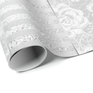 Königliche Floral Rosen Silber Weiße Spitze Streif Geschenkpapier