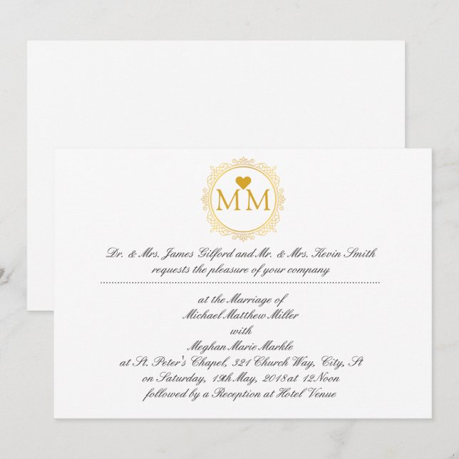 Königliche Hochzeitseinladung | Monogram Gold Scri Einladung (Vorne/Hinten)