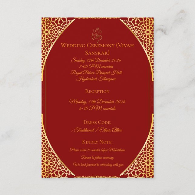 | Königliche indische Hochzeitsinformationen Einla Begleitkarte (Vorderseite)