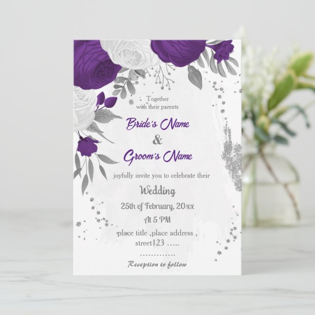 Königliche lila Blume Silberhochzeit Einladung (Stehend Vorderseite)