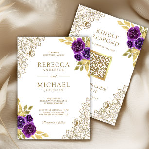 Königliche Lila Blumen Spitze Weiß QR Code Hochzei Einladung