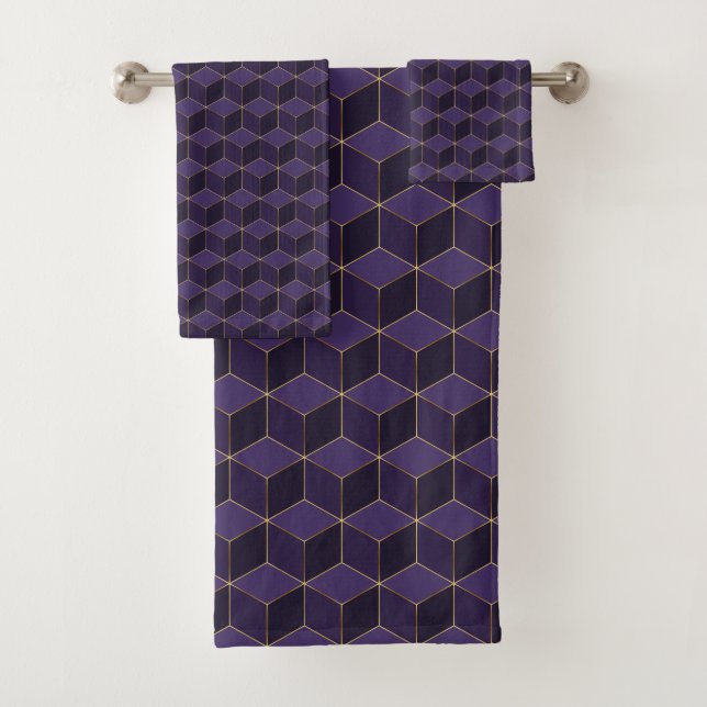 Königliche Lila Hexagons und goldene Details Badhandtuch Set (Insitu)