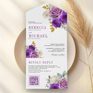 Königliche Lila Rosen Floral QR Code Hochzeit All In One Einladung