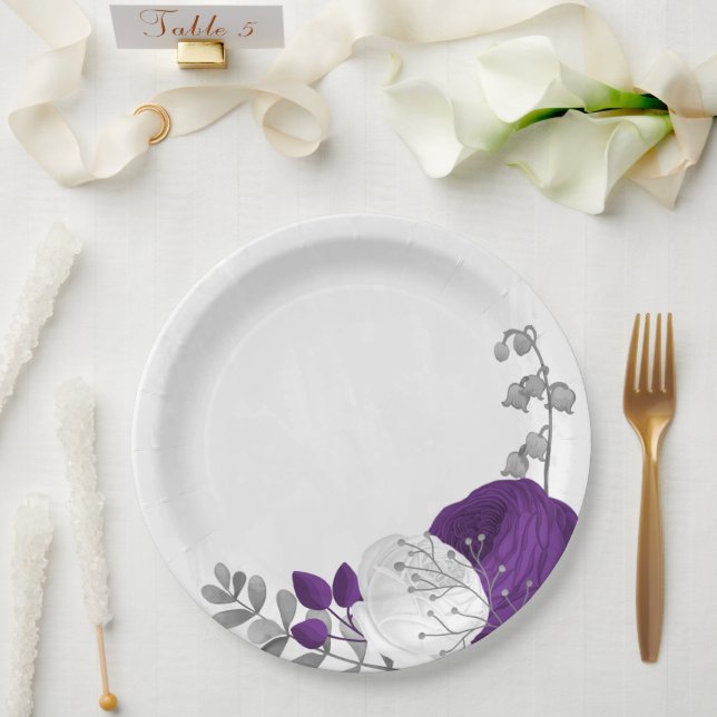 Königliche lila und weiße Blume Silber Pappteller (Hochzeit)
