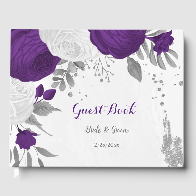 Königliche lila und weiße Blume Silberhochzeit Gästebuch (Vorderseite)