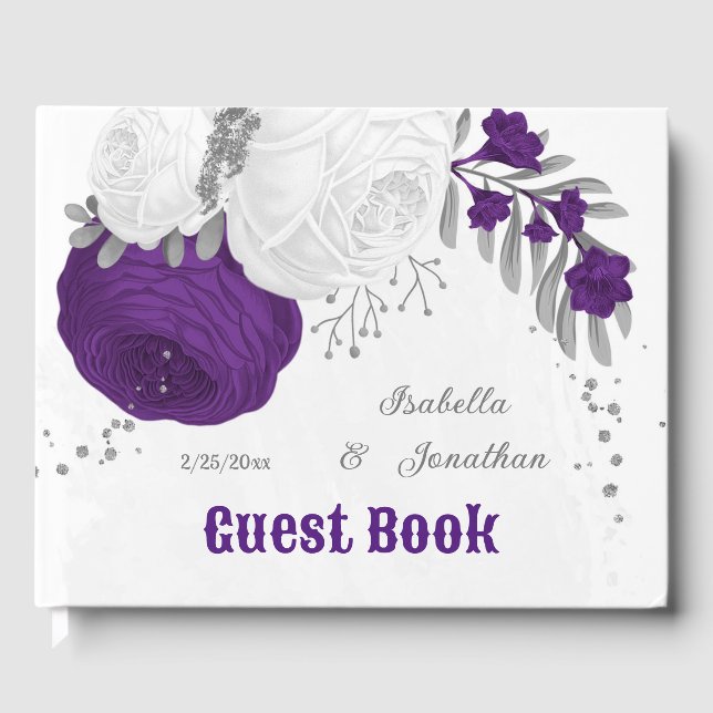Königliche lila und weiße Blume Silberhochzeit Gästebuch (Vorderseite)