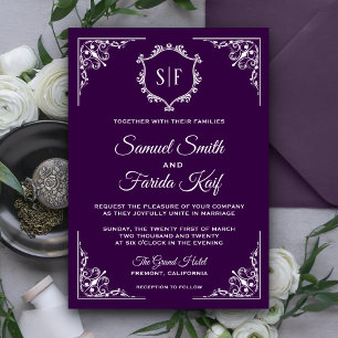 Königliche lila verzierte Monogramm-Hochzeitseinla Einladung
