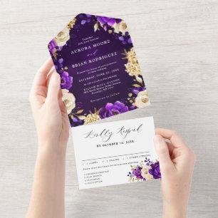 Königliche Lila Violette Goldene Blumige Botanisch All In One Einladung
