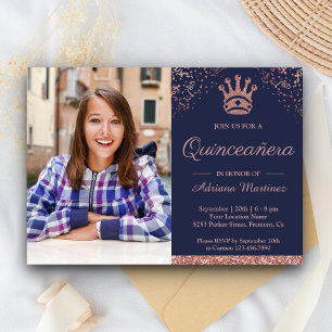 Königliche Prinzessin Roségold Glitter Foto Quince Einladung