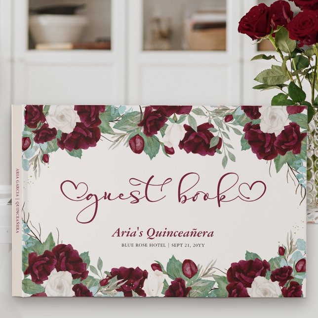 Königliche Rose Burgundy Rot mit Eleganter Kalligr Gästebuch (Floral Guest Book with sweet calligraphy to personalize for Quinceanera or other special event)