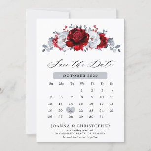 Königliche Rot-Weiß-Silber-Metallische Florale Hoc Save The Date