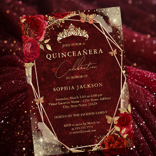 Königliche rote florale Rose Gold Tiara Quinceaner Folieneinladung