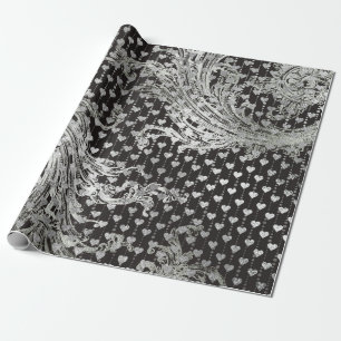 Königliche schwarze Herz-barocke silberne Herzen Geschenkpapier