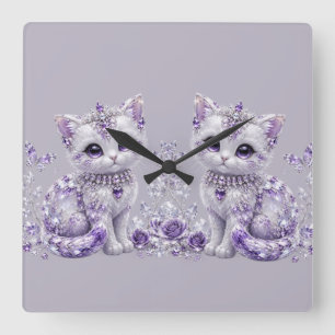 Königliche Violette Juwelen-Katzenfantasie Quadratische Wanduhr