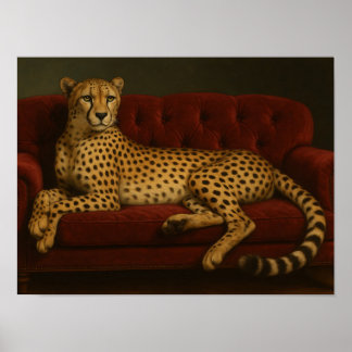 Königlicher Gepard auf luxuriösem karmesinrotem Sa Poster