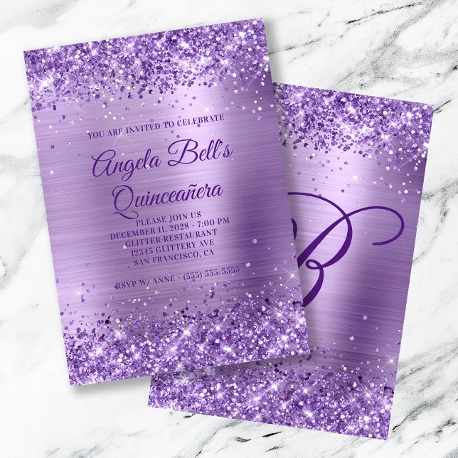 Königlicher Lila Glitzer Pinsel Foil Quinceanera Einladung (Royal Purple Glitter Brushed Foil Quinceanera Invitation)