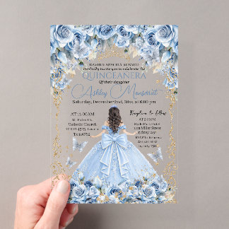 Königliches Baby Blau Gold Krone Quinceañera Acryleinladungen