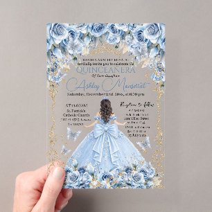 Königliches Babyblau Goldene Krone Quinceañera Acryleinladungen