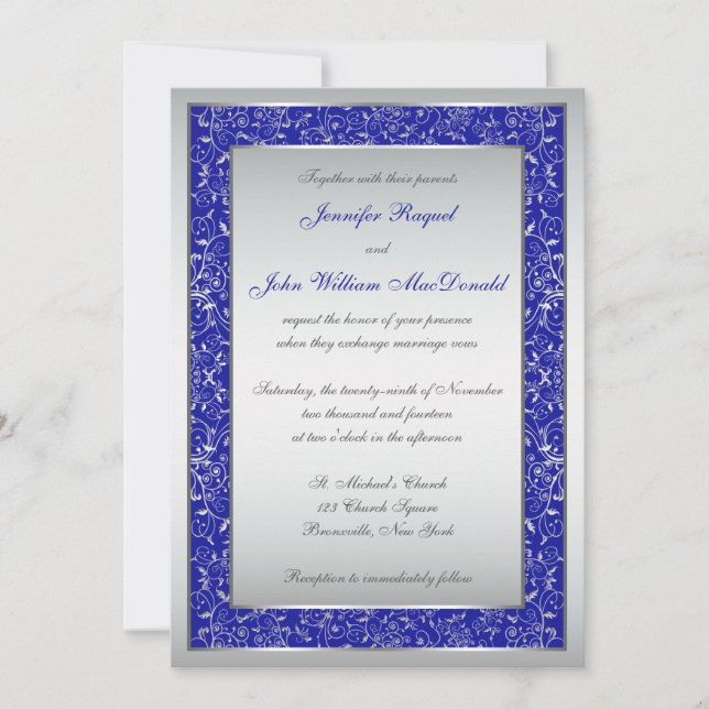 Königliches Blau, die silbernen verzierten Wedding Einladung (Vorderseite)