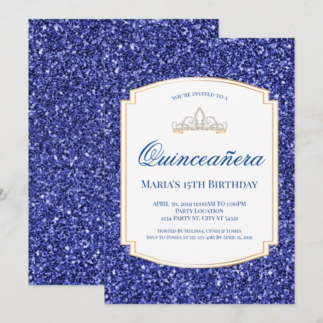Königliches Blau-Glitzer Quinceañera Einladungen (Vorne/Hinten)