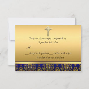 Königliches Blau & Gold Damast Kreuz Taufe RSVP Karte