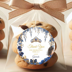 Königliches Blau Goldenes Diadem Florales Quinceañ Runder Aufkleber