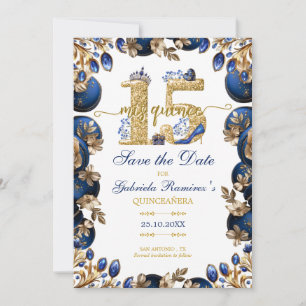 Königliches Blau Goldenes Diadem Florales Quinceañ Save The Date