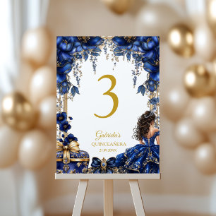Königliches Blau Goldenes Diadem Florales Quinceañ Tischnummer