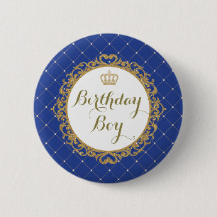 Königliches Blau-Goldprinz Birthday Boy Round Button