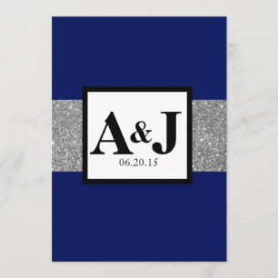 Königliches Blau-Silber-Glitzer-Monogramm-Hochzeit Einladung
