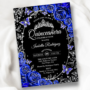 Königliches Blau Silber Schwarze Rosen Quinceanera Folieneinladung