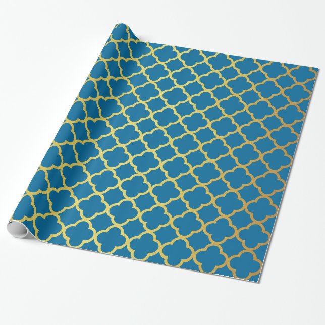 Königliches Blau-und GoldGlitzer Quatrefoil Muster Geschenkpapier (Ungerollt)