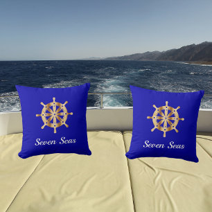 Königliches blaues Yachtboot Name Goldlenkrad Kissen