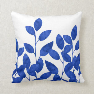 Königliches Blauwatercolor-Blätter Kissen
