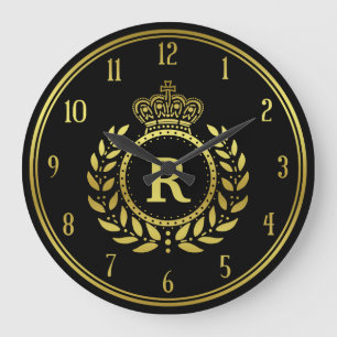 Königliches Kronen-Lorbeerwreath-Schwarz-Gold mit Große Wanduhr