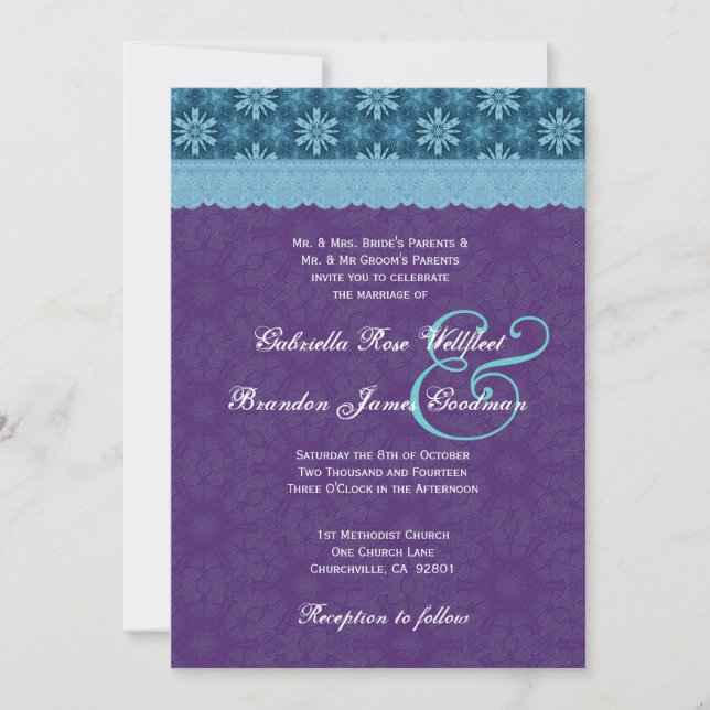 Königliches lila Aqua-blaue Spitze, die V8 Wedding Einladung (Vorderseite)