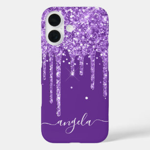 Königliches Lila Glitter Tropfen Glam Unterschrift iPhone 16 Hülle