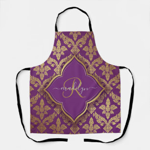 Königliches Lila Gold Damast Muster Fleur Monogram Schürze