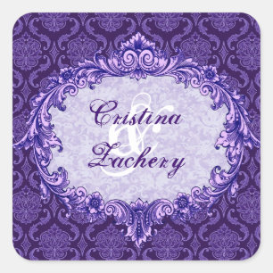Königliches Lila Vintage-Damask-Hochzeits C433 Quadratischer Aufkleber