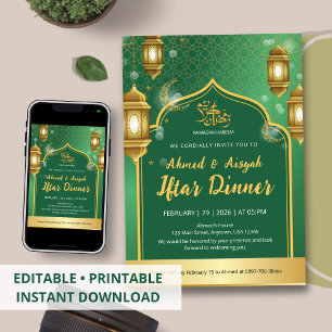 Königliches Smaragdgrün und Gold Laternen-Iftar-Di Einladung