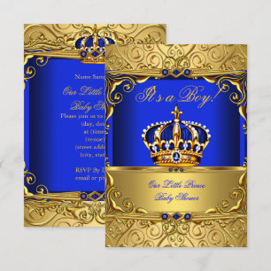 Königsblau Damast Goldene Krone Baby Shower Junge  Einladung