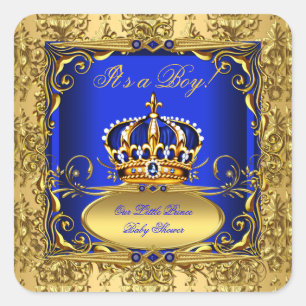 Königsblau Damast Goldkrone Baby Shower Junge RB3 Quadratischer Aufkleber