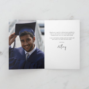 Königsblau Elegante Schrift Graduierungsfoto + Nac Dankeskarte