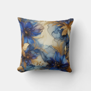 Königsblau + Gold Alcohol-Ink-Blumen-Wurfkissen Kissen