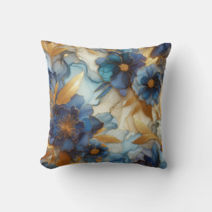 Königsblau + Gold Alcohol-Ink-Blumen-Wurfkissen Kissen