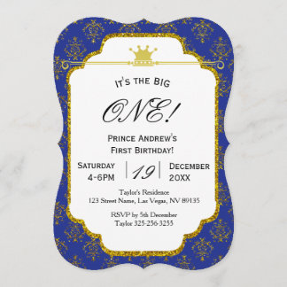 Königsblau-Goldprinz First Birthday Invitation Einladung