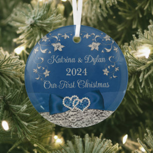 Königsblau Graue Liebesherzen Hochzeit 1. Weihnach Ornament Aus Glas