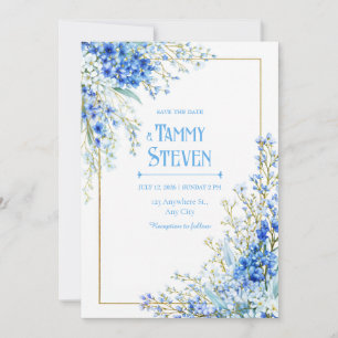 Königsblau Muscari Aquarell Goldrahmen Hochzeit Einladung