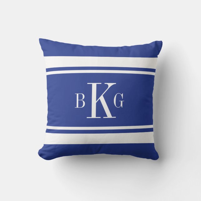 Königsblau-Seestreifen-Gewohnheits-Monogramm Kissen (Vorderseite)